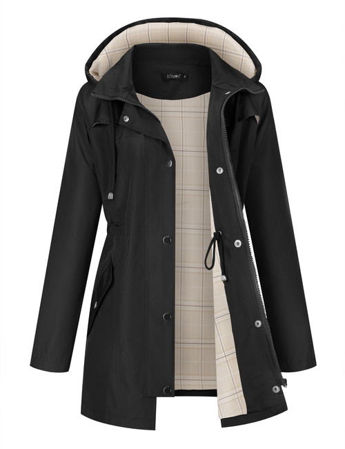 LOMON Women Rain Jacket Lightweight Hooded Jackets Women Lined Trench Coats Waterproof Outdoor Hiking Raincoat Black XXL (Big Plaid Lining)