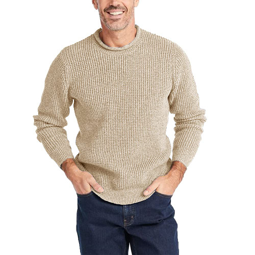 Mens Long Sleeve Cable Knit Sweater Pullover Fisherman Tops Crewneck Sweater Regular Fit Beige