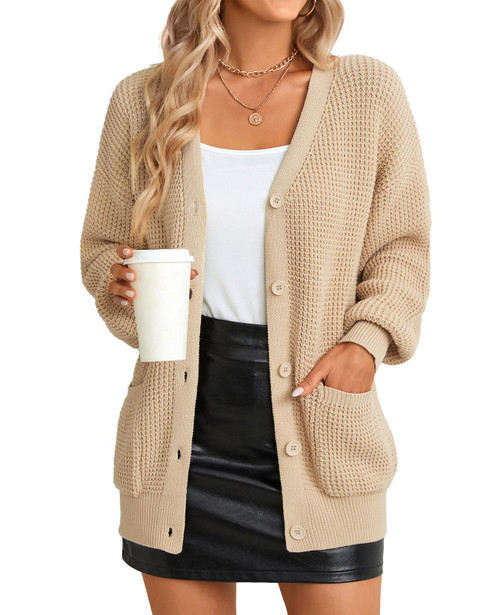 QUALFORT Women's Cardigan Sweater 100% Cotton Button-Down Long Sleeve Oversized Knit Cardigans with Pockets Beige Large