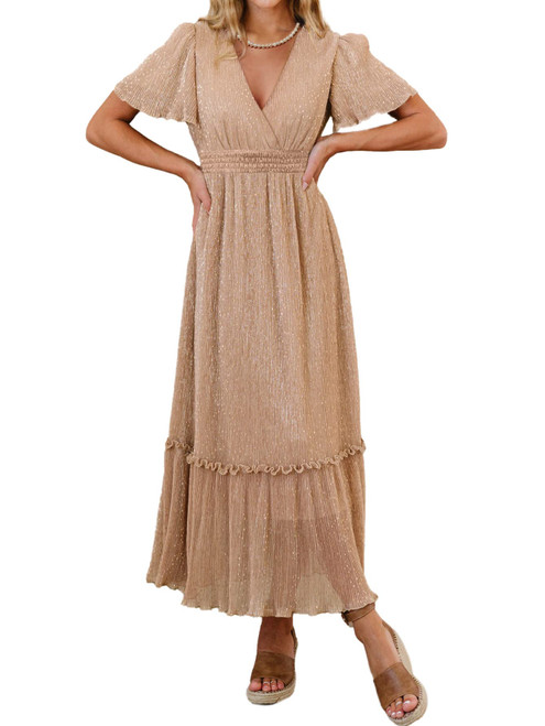 Amegoya Women's Fall Wedding Guest Maxi Dress Wrap V Neck Glitter Long Dress Flutter Sleeve Sparkly Sequin Bridesmaid Dress (Champagne L) Amegoya Women's Fall Wedding Guest Maxi Dress Wrap V Neck Glitter Long Dress Flutter Sleeve Sparkly Sequin Bridesmaid Dress (Champagne L)