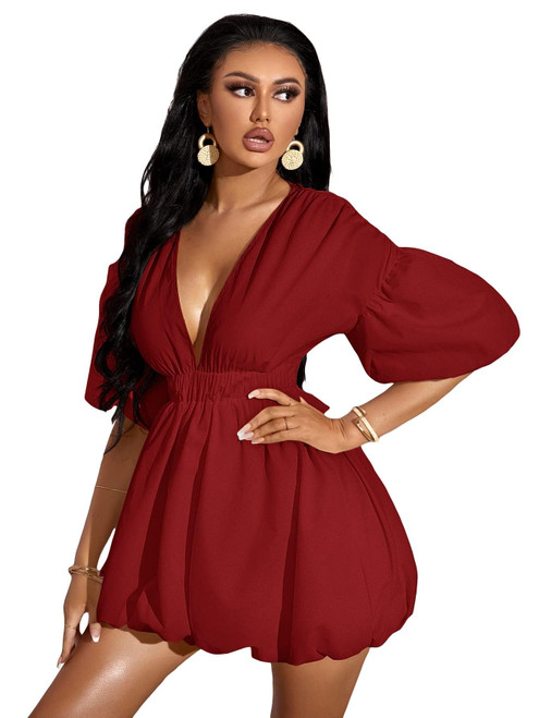 WDIRARA Women's Deep V Neck Puff Sleeve High Rise Flare Dress Elastic Waist Dress Burgundy L