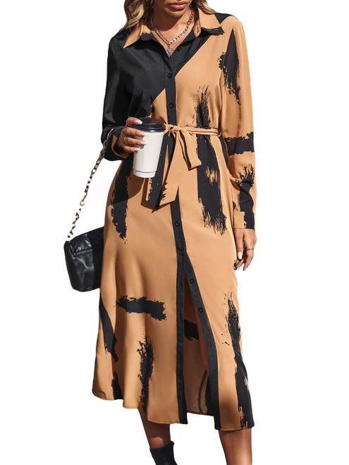 WDIRARA Women's Colorblock Brush Print Button Front Long Sleeve Belted Maxi Shirt Dress Khaki and Black M