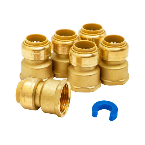 SUNGATOR 3/4 Inch x 1 Inch FNPT Water Softener Adapter, No Lead Brass Push-to-Connect Female Plumbing Fittings to Connect PEX, Copper, CPVC, With A Disconnect Clip, Pack of 6