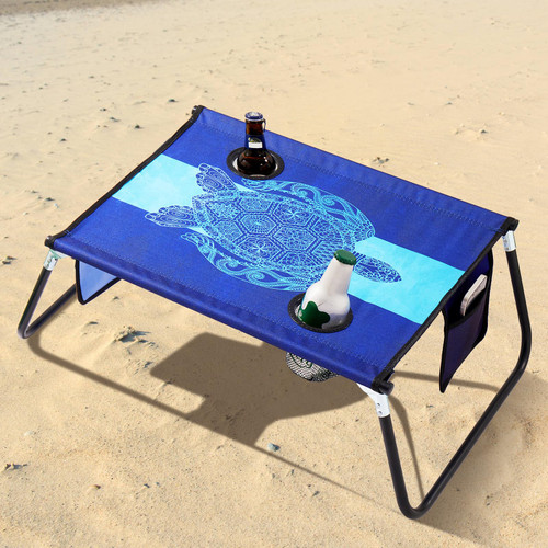 Qunclay Turtle Portable Beach Table Compact Lightweight Folding Table Camping Foldable Table with Cup Holders and Cell Phone Pockets for Outdoor Picnics Parks