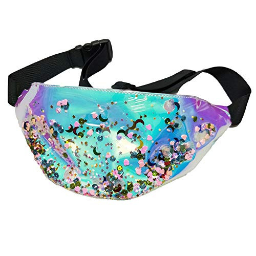 Multicoloured2 Stylish Holographic Fanny Pack Clear PVC Rivet Waist Belt Bag Travel Phone Purse for Women 