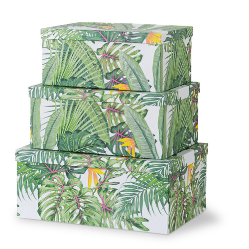 Soul & Lane Decorative Storage Cardboard Boxes with Lids | Tropical Breeze - Set of 3 | Green Jungle Leaves Paperboard Nesting Boxes