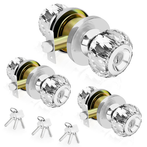 LOQRON Crystal Door Knobs with Lock and Keys, 3 Pack Keyed-Alike Glass Door Knob, Classic Interior Entry Door Knob Lockset with Same Key, Bedroom/Bathroom Privacy Keyed Door Knob, Satin Nickel