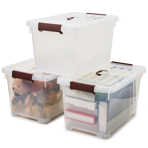 EZOWare 34 Quart Plastic Storage Box Tote Bins with Latching Lid, Set of 3 Clear Stackable Storage Container with Handles and Wheels - 18.5 x 12.5 x 10.6 inch