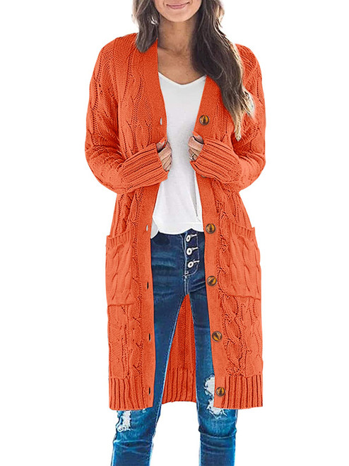 MEROKEETY Women's 2023 Long Sleeve Cable Knit Long Cardigan Open Front Button Sweater Outerwear, Orange, L