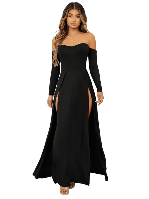 SweatyRocks Women's Elegant Off Shoulder Double High Slit Long Sleeve Dress A Line Maxi Dresses Black XL