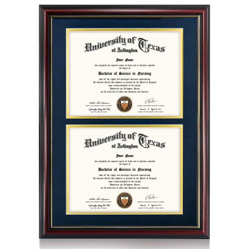 GraduationMall Double 8.5x11 Diploma Frame,Solid Wood & UV Protection Acrylic,Cherry Finish with Gold Trim,Navy Blue & Gold Mat