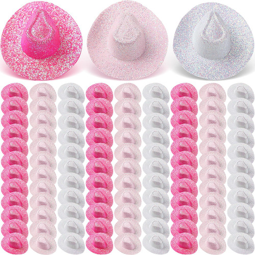Jenaai 100 Pcs Glitter Miniature Disco Cowgirl Hat Western Mini Cowgirl Hat Miniature Space Disco Cowgirl Party Decoration Holographic Mini Cowboy Cowgirl Hat for Dollhouse, Pink, Rose Red, White