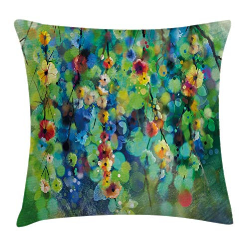 Ambesonne Watercolor Flower Home Decor Throw Pillow Cushion Cover, Vibrant Blooms Clusters Down from Branch Spring Season Image, Decorative Square Accent Pillow Case, 16 X 16 Inches, Green Blue
