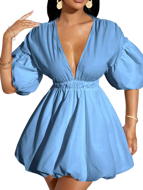 WDIRARA Women's Deep V Neck Puff Sleeve High Rise Flare Dress Elastic Waist Dress Blue Solid XL