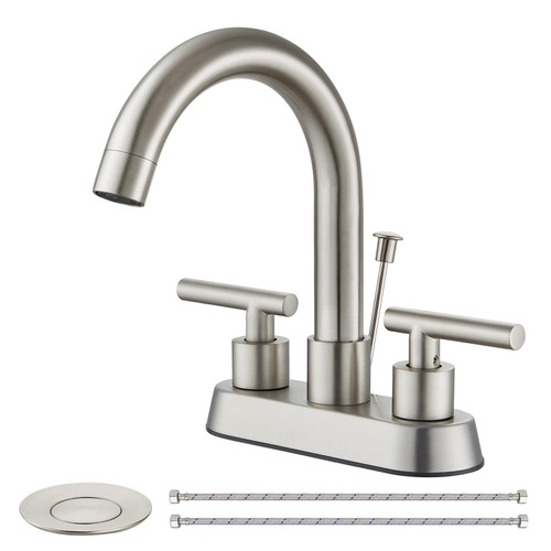 Cinwiny 4 Inch Centerset Bathroom Faucets with Lift Rod Drain Stopper Brushed Nickel Double Handle 3 Holes Bathroom Sink Faucet 360 Degree Swivel Spout Vanity Faucet Mixer Tap