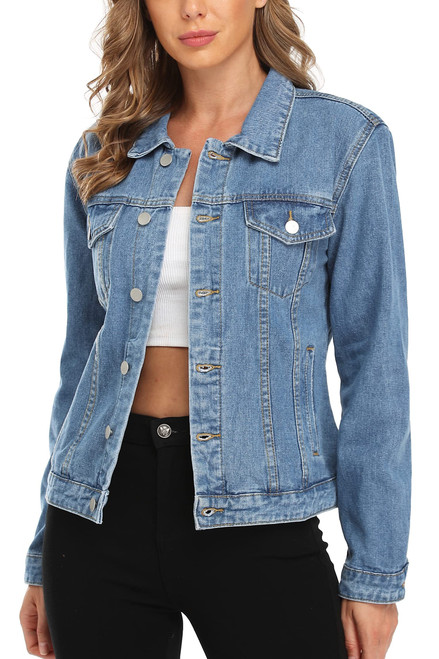 MISS MOLY Women's Denim Jackets Cropped Long Sleeve Basic Button Down Jean Jacket with Pockets Blue XL