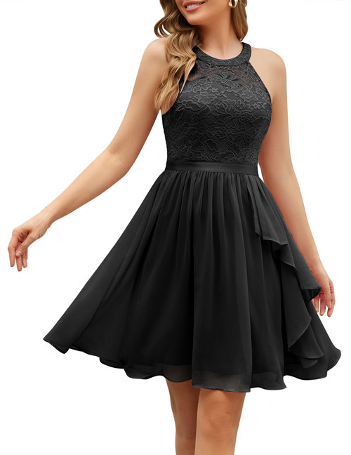 Wedtrend Black Cocktail Dress for Evening Party Floral Lace Prom Dress with Sheer Neckline Ruffle Halter A Line Semi Formal Dress Valentines Day Dresses Short Formal Dress WT0213BlackL
