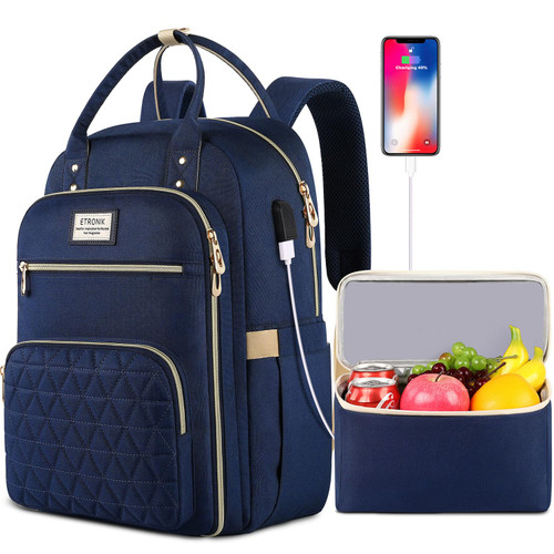 ETRONIK Lunch Backpack for Women, 15.6inch Laptop Backpack with USB Port, Work Backpack for Women Men Travel Backpack with Insulated Cooler Lunch Bag for Nurse Gifts, Blue ETRONIK Lunch Backpack for Women, 15.6inch Laptop Backpack with USB Port, Work Backpack for Women Men Travel Backpack with Insulated Cooler Lunch Bag for Nurse Gifts, Blue
