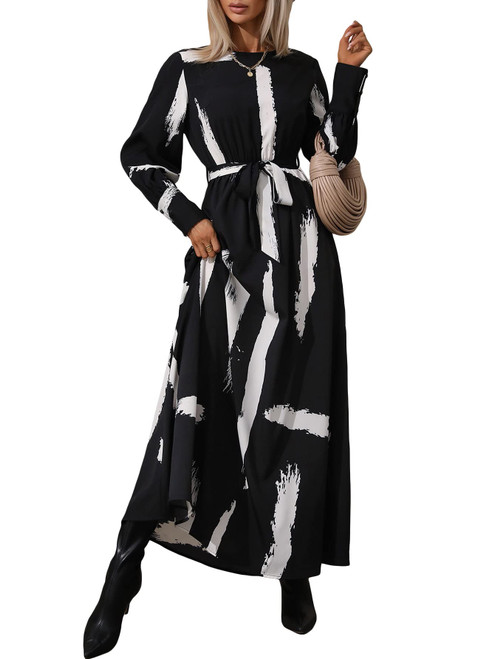 WDIRARA Women's All Over Print Tie Front Round Neck Long Sleeve Belted A Line Maxi Dress Black and White M