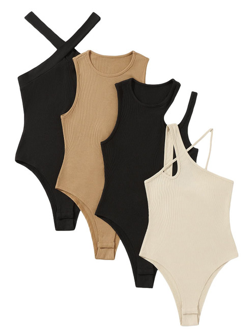 MakeMeChic Women's 4 Piece Sexy Bodysuits Casual Solid Sleeveless Ribbed Knit Shapewear Tank Top Bodysuits C Multi S