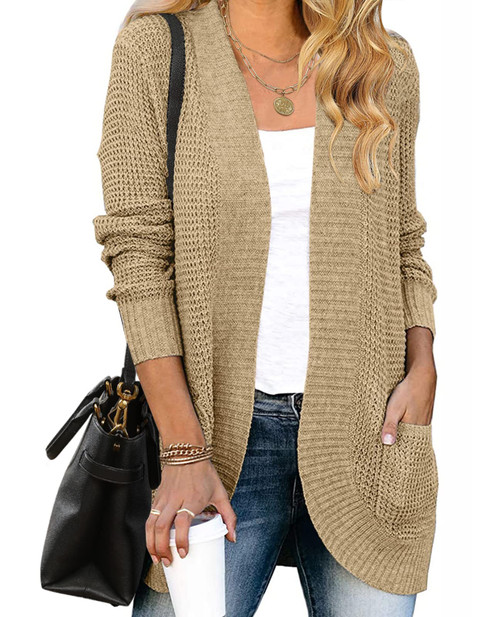 MEROKEETY Women's 2023 Fall Long Sleeve Open Front Cardigans Chunky Knit Draped Sweaters Outwear LightKhaki M