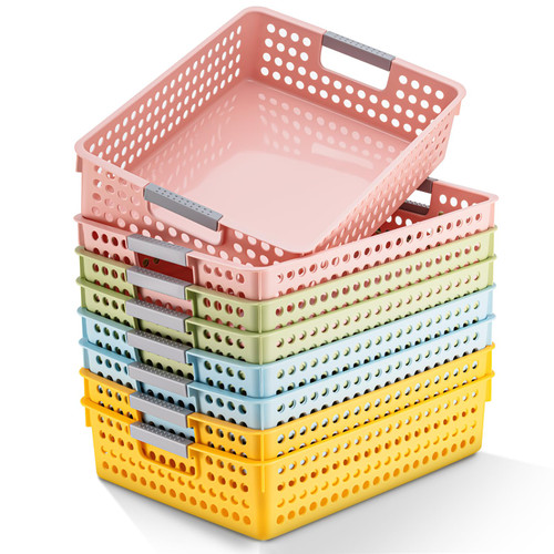 Leinuosen 8 Pack 13.78" Paper Trays Colorful Turn in Trays Classroom Containers Plastic Storage Basket Pastel Shelf Bins with Handles Toy Classroom Storage Bins Organizer for School (Fresh Color)