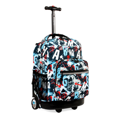 J World New York Sunrise Kids Rolling Backpack for Girls Boys Teen. Roller Bookbag with Wheels, Graffiti, 18"