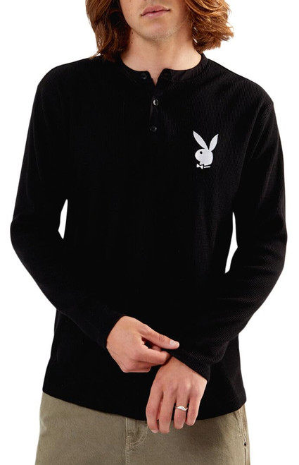 PacSun Playboy Men's Staple Henley Long Sleeve Shirt - Black Size Large