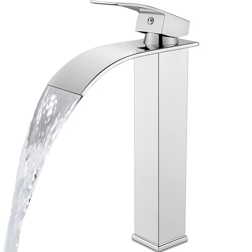 Midanya Waterfall Bathroom Bowl Vessel Sink Tall Faucet Polish Chrome Single Handle Single Hole Deck Mount with Large Rectangular Spout Sink Faucet Lavatory Vanities