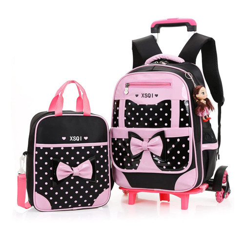 Rolling Backpack for Girls Trolley School Bags Cute Bowknot Wheeled Backpack Carry-on Travel Luggage with Handbag Toddler Elementary Princess Bookbags