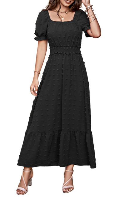 PRETTYGARDEN Women's Boho Maxi Dress Puff Short Sleeve Square Neck Swiss Dot Smocked Waist Ruffle Hem Tiered Long Dresses(Black,Medium)