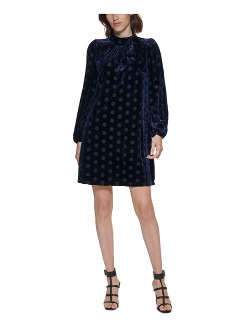 Calvin Klein Womens Navy Stretch Zippered Gathered Velvet Lined Polka Dot Long Sleeve Tie Neck Short Party Shift Dress 4