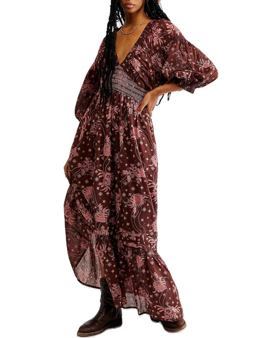 Argeousgor Boho Flowy Maxi Dress for Women Puff Long Sleeve Square Neck Embroidered Swing Tiered Long Dress(00-Floral Brown,S)