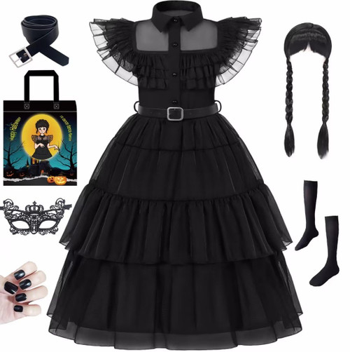 SZ-TONDA Black Costume Dress Girls - Kids Birthday Family Party Favors Outfit Clothes Merchandise Charms Wig