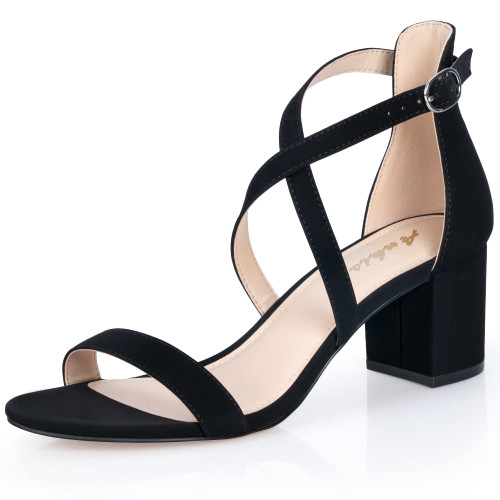 Ankis Black Nubuck 2.25Inches Strappy - Block Heels Comfy Grace Sandals Open Toe Chunky Dress Wedding Party Prom Heels with Adjustable Cross Strap