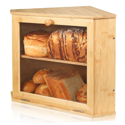 Double Layer Corner Bread Box - Bamboo Large Capacity Breadbox - Bread Box for Kitchen Countertop with Adjustable Separator, Easy to Assemble - Modern Bread Container for Bread Food Fruit Storage