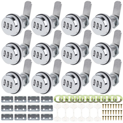 RealPlus 12 Pack Combination Cam Lock 1-1/8" Cylinder Coded Cabinet Lock Metal Security Locks Bright Chrome Password Lock for Cabinet Drawers