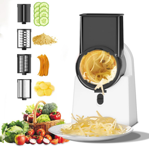 4-In-1 Fully Automatic Electric Slicer/Shredder, Electric Vegetable Cheese Grater Slicer with 4 Attachments, One-Touch Automatic Butter Slicer, Cutter Slicer Tool for Fruits, Cheeses, Salad Maker