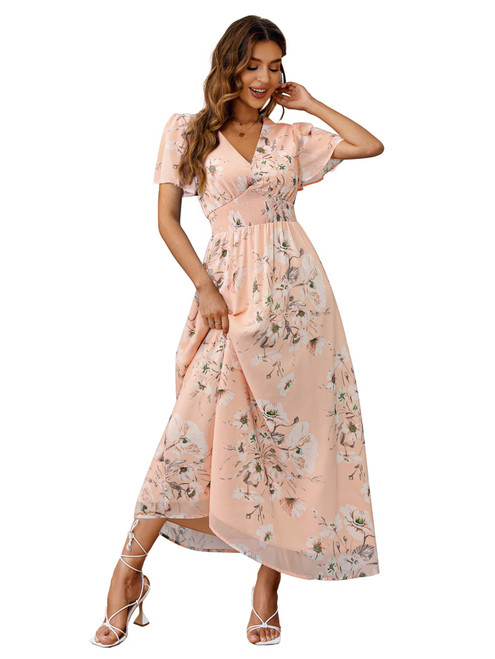 Simplee Women Boho Floral Maxi Dress Flowy Casual V Neck Short Sleeve Wedding Guest Holiday Beach Long Dress (L Pink)