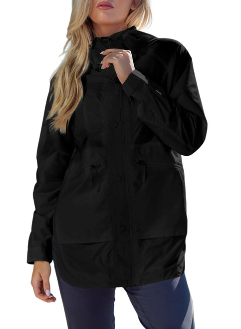 Herseas Womens Lightweight Windbreaker Rain Coat Waterproof Packable Camping Long Breathable Rain Jackets with Hood Black Small