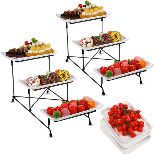 Uiifan 5 Pcs 2 Sets 3 Tier Serving Trays Stand Rectangle Tiered Serving Platters Dessert Table Display Set with 3 Pcs Serving Trays with Metal Rack for Food Fruit Dessert Cupcake Tiered Tray Stand
