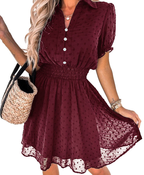 PRETTYGARDEN Women's Summer Dress Casual V Neck Short Sleeve Swiss Dots Elastic Waist A-line Flowy Mini Dresses(Burgundy,Small) PRETTYGARDEN Women's Summer Dress Casual V Neck Short Sleeve Swiss Dots Elastic Waist A-line Flowy Mini Dresses(Burgundy,Small)