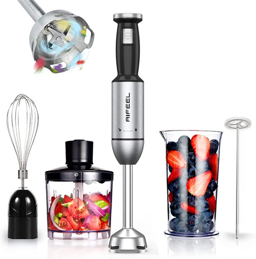 AIFEEL Immersion Hand Blender,Handheld Stick Blender with Ice Chopper,Stainless Steel Whisk and Milk Frother for Smoothie, Baby Food, Sauces,Puree, Soup,Milk coffee