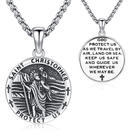 Aniu St Christopher Necklace for Men Women Sterling Silver Saint Christopher Protection Necklace Catholic Round Medallion Patron St Christopher Protect Us Jewelry Saint Christopher Medal Amulet Jewelry