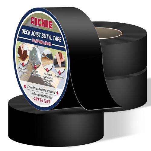 RICHIE Butyl Joist Tape for Decking 2 Inch 50 Feet, Deck Joist Tape 4 Rolls Waterproof Seal Antiseptic Self-Adhesive Flashing Joist Tape for Wood Roof Decks Beams Building