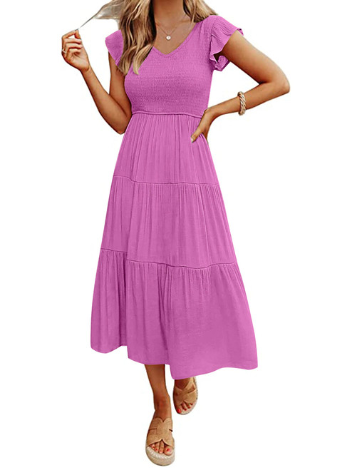 MEROKEETY Women's Ruffle Cap Sleeve Smocked V Neck Flowy Pleated Maxi Midi Dress with Pockets, Magenta, M