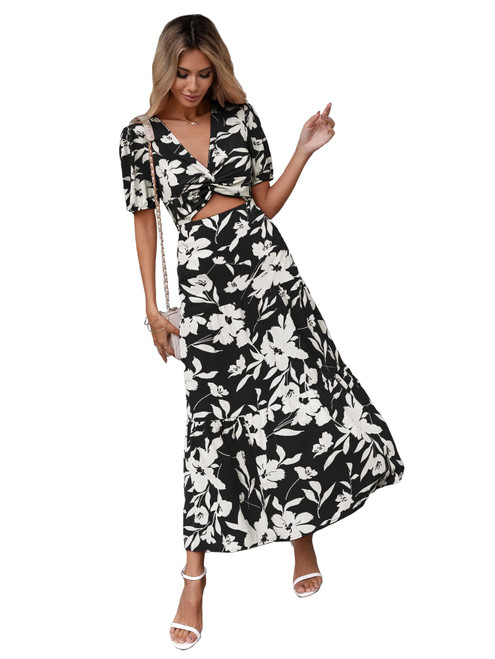 SweatyRocks Women's Boho Floral Print Puff Sleeve Cut Out Dress Tie Back A Line Midi Dresses White Black M