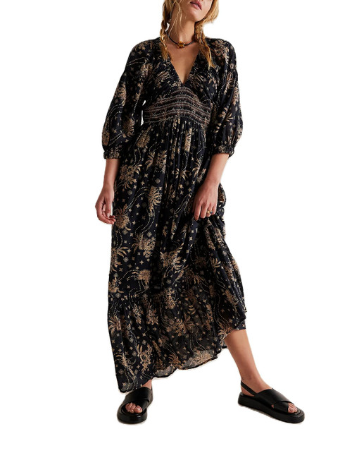 Women Bohemian Dress Floral Long Sleeve V Neck A Line Tiered Maxi Dress Loose Casual Beach Sundress(H Black Floral Swing Dress,M)