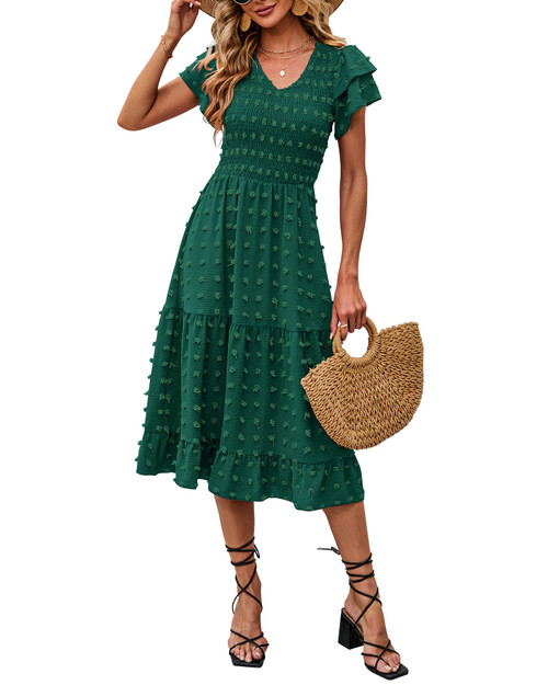 BTFBM Women Casual Summer Short Ruffles Tiered Sleeve Smocked Midi Dresses Bohemian Floral V Neck Wedding Guest Long Dresses?Solid Dark Green,Medium