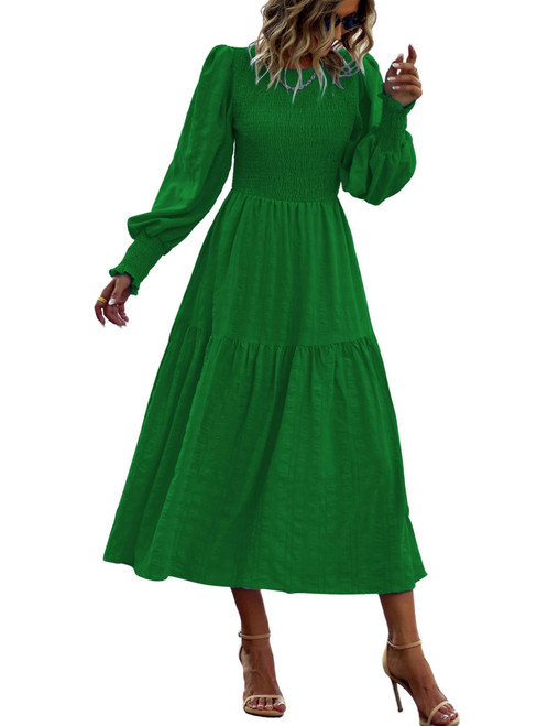 PRETTYGARDEN Women's Boho Puff Long Sleeve Crewneck Smocked Tiered Maxi Dress Solid Print Ruffle A-line Flowy Long Dress(S-Green,Medium)